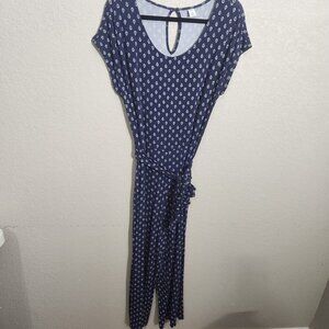 Old Navy Womens Navy Blue White Printed Jumpsuit Size Tall Large Tie Waist